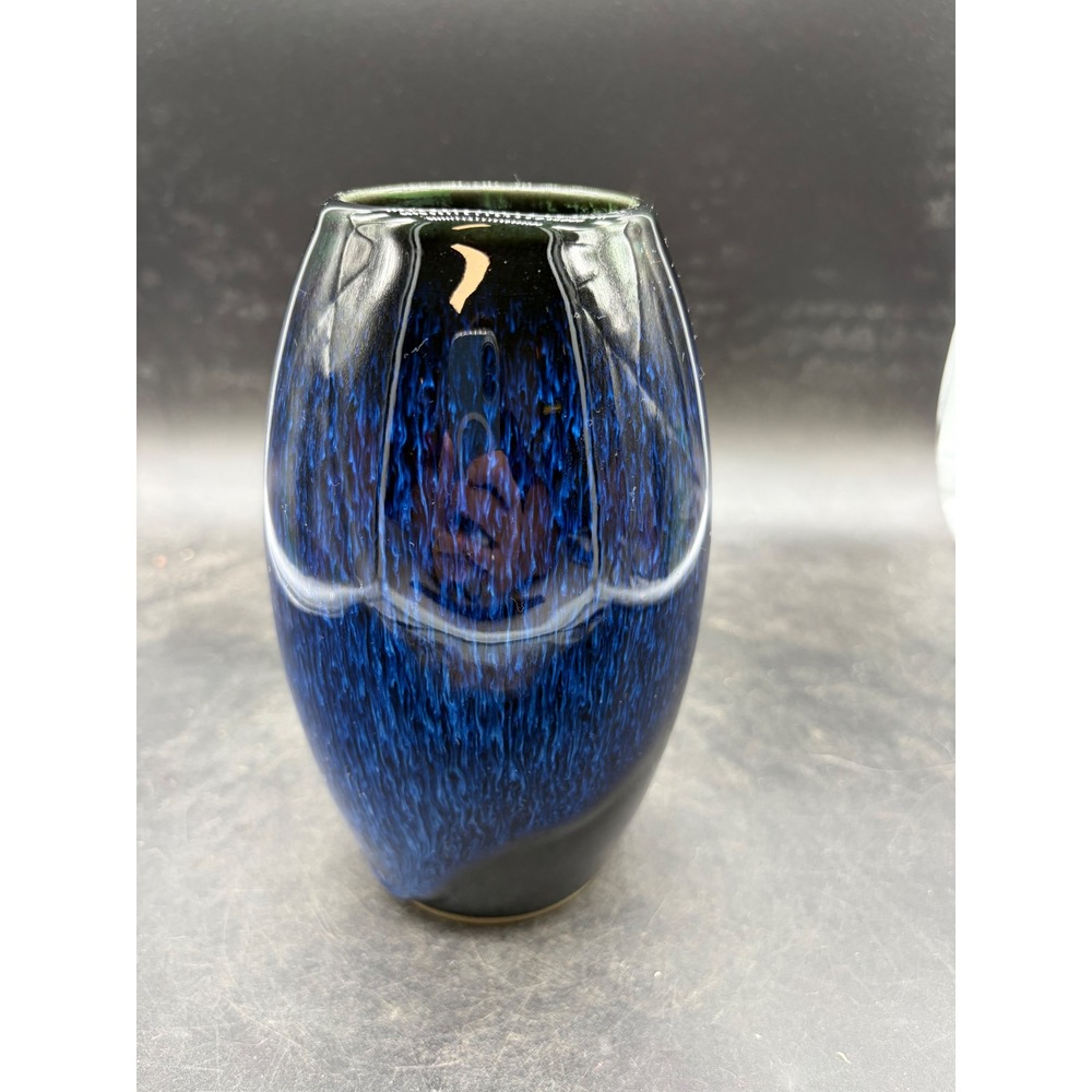 Blue Black Drip Glaze Ceramic Vase Ribbed Art Pottery Home Decor 7 Inch